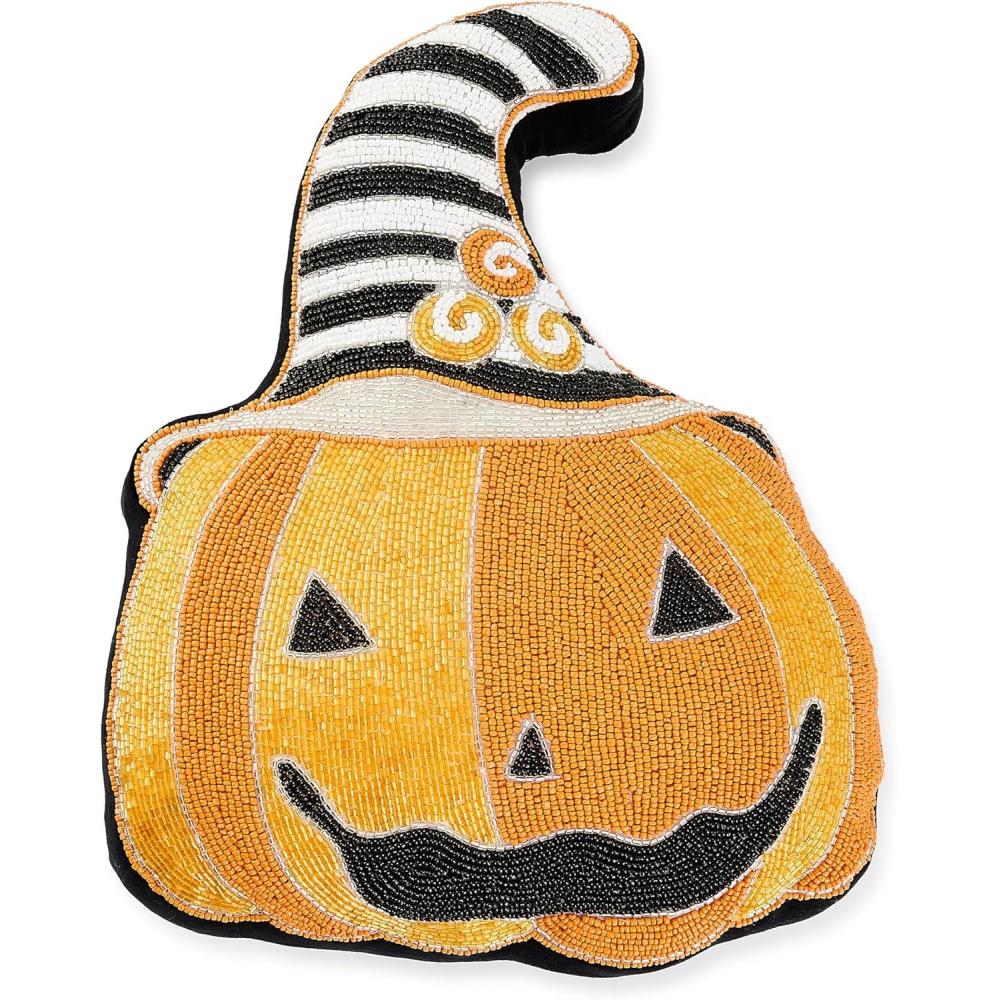 imageMACKENZIECHILDS Throw Pillow Decorative Cotton Pillow for Halloween 20x20 JackOLantern in HatHappy Jack Pumpkin Shaped