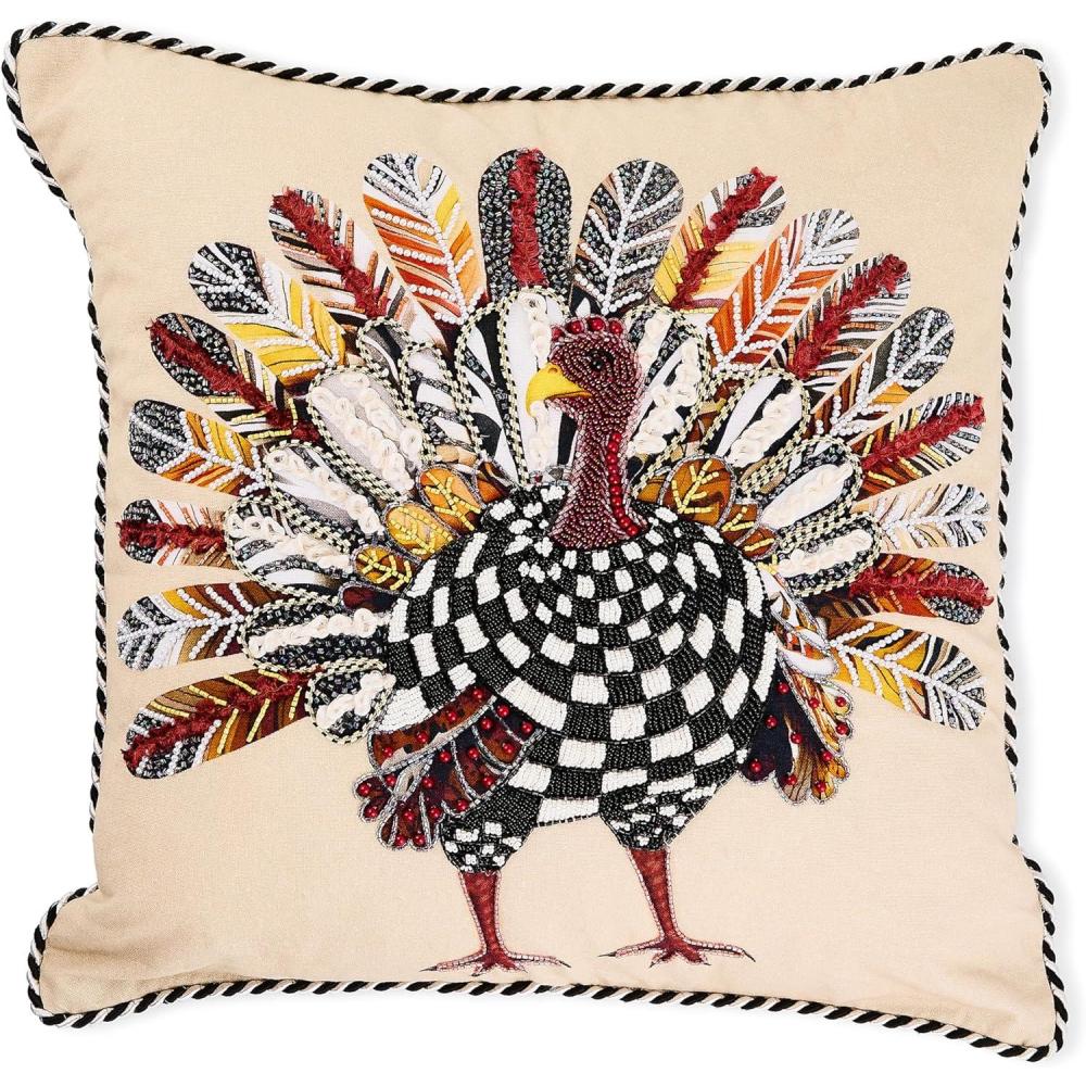 imageMACKENZIECHILDS Throw Pillow Decorative Cotton Pillow for Thanksgiving 20x20 Checked Turkey