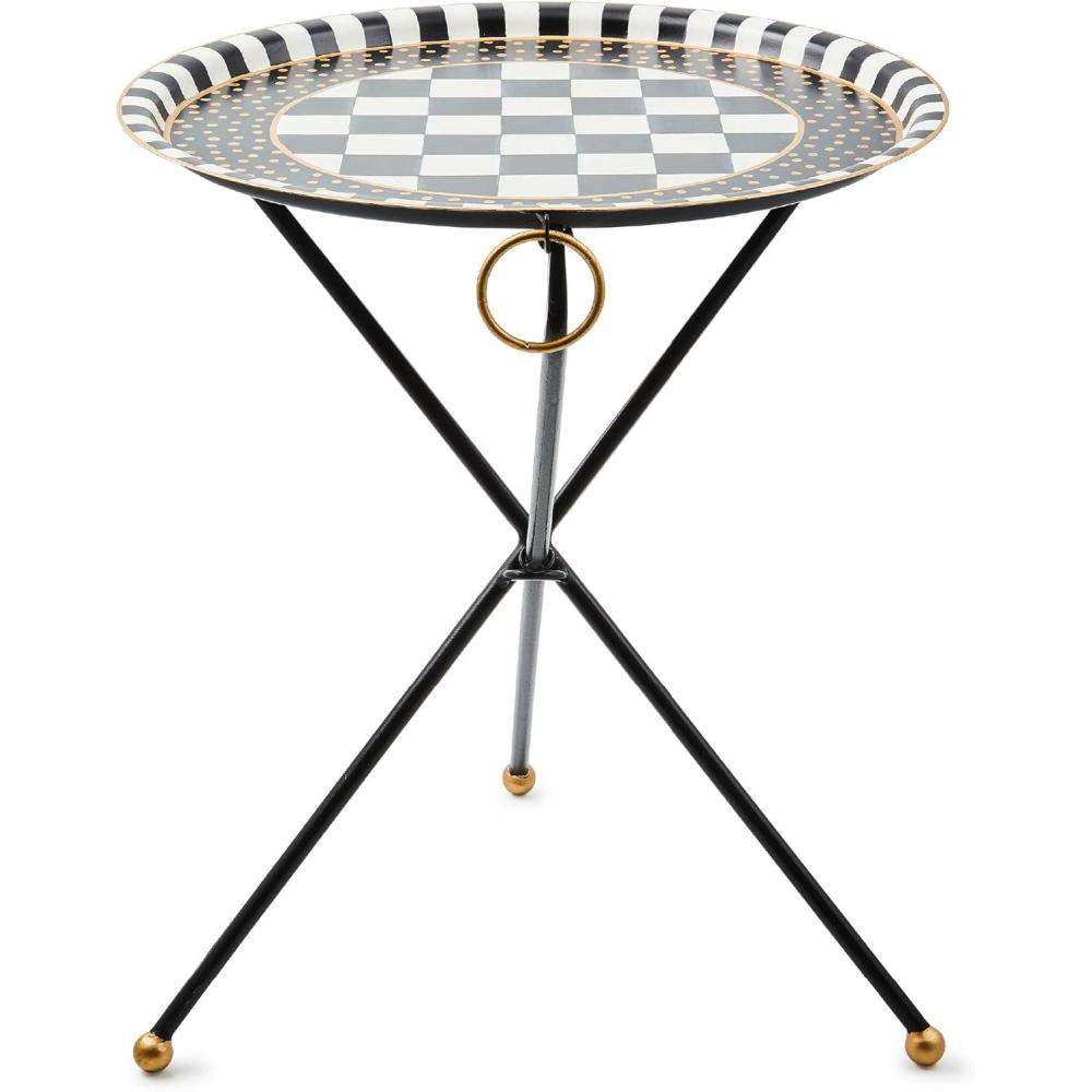 imageMACKENZIECHILDS TiltTop Black Tripod Table Unique Folding BlackandWhite Side Table