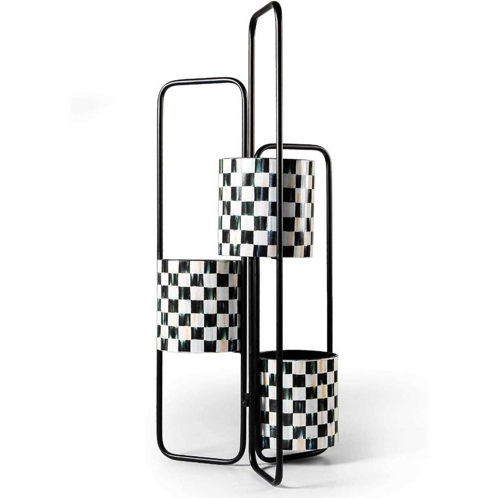 imageMACKENZIECHILDS Triple Plant Stand Decorative Tiered Plant Stand for Indoor Plants BlackandWhite Courtly Check