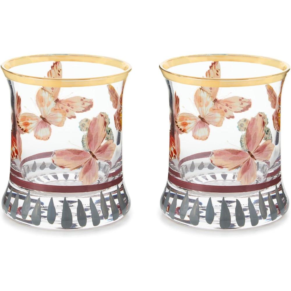 imageMACKENZIECHILDS Tumbler Glasses Elegant Drinkware Glasses with Gold Rim 8 Ounces Set of 2 Butterfly Hill