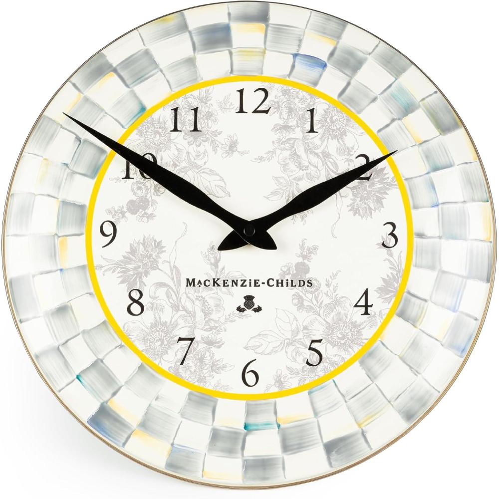 imageMACKENZIECHILDS Wall Clock Decorative Clock for Kitchen and Living Room BlueandWhite Royal CheckSterling Check