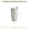 MACKENZIE-CHILDS Ceramic Travel Cup, Cute Tumbler Cup with Lid, 12 Ounces, Black-and-White Courtly Check(Sterling Check)