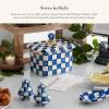 MACKENZIE-CHILDS Enamel Salt and Pepper Shakers, Kitchen Table Spice Shaker Set, Blue-and-White Royal Check, Small(Royal Check)