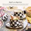 MACKENZIE-CHILDS Enamel Teacup, Unique Coffee and Tea Mug, Enamel Cup for Hot Tea, 10 Ounces, Gray-and-White Sterling Check(Courtly Check)