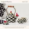 MACKENZIE-CHILDS Enamel Teacup, Unique Coffee and Tea Mug, Enamel Cup for Hot Tea, 10 Ounces, Gray-and-White Sterling Check(Courtly Check)