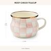 MACKENZIE-CHILDS Enamel Teacup, Unique Coffee and Tea Mug, Enamel Cup for Hot Tea, 10 Ounces, Gray-and-White Sterling Check(Rosy Check)