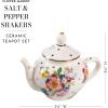 MACKENZIE-CHILDS Teapot Salt and Pepper Shaker Set, Ceramic Salt and Pepper Holders, Black-and-White Courtly Check(White Flower Market)