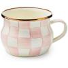 MACKENZIE-CHILDS Enamel Teacup, Unique Coffee and Tea Mug, Enamel Cup for Hot Tea, 10 Ounces, Gray-and-White Sterling Check(Rosy Check)