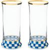 MACKENZIE-CHILDS Set of 2 Highball Glasses, Tall Drinking Glasses, 15 Ounces, Blue-and-White Royal Check