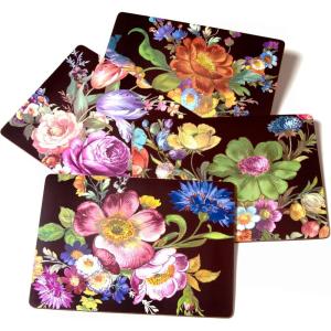 MACKENZIE-CHILDS Set of 4 Cork-Back Placemats, Hard-Finish Table Mats, (Color) Flower Market(Black Lapis Flower Market)