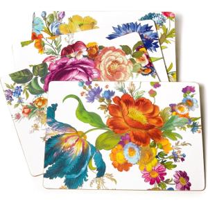 MACKENZIE-CHILDS Set of 4 Cork-Back Placemats, Hard-Finish Table Mats, (Color) Flower Market(White Flower Market)