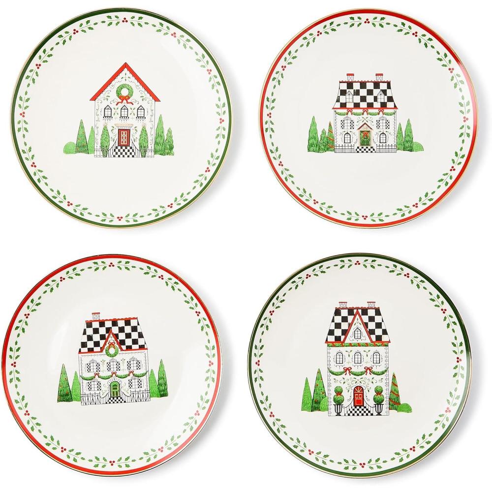 imageMACKENZIECHILDS Set of 4 Ceramic Dessert Plates Decorative Christmas Dishes Holly VillageHolly Village