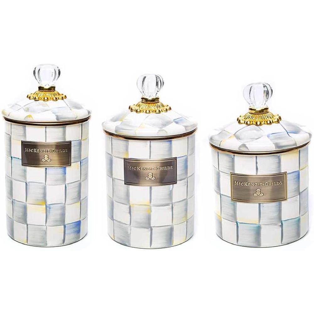 imageMACKENZIECHILDS Enamel Canister Set Small 38 oz Medium 48 oz and Large 64 oz Kitchen Containers PinkandWhite Rosy CheckSterling Check
