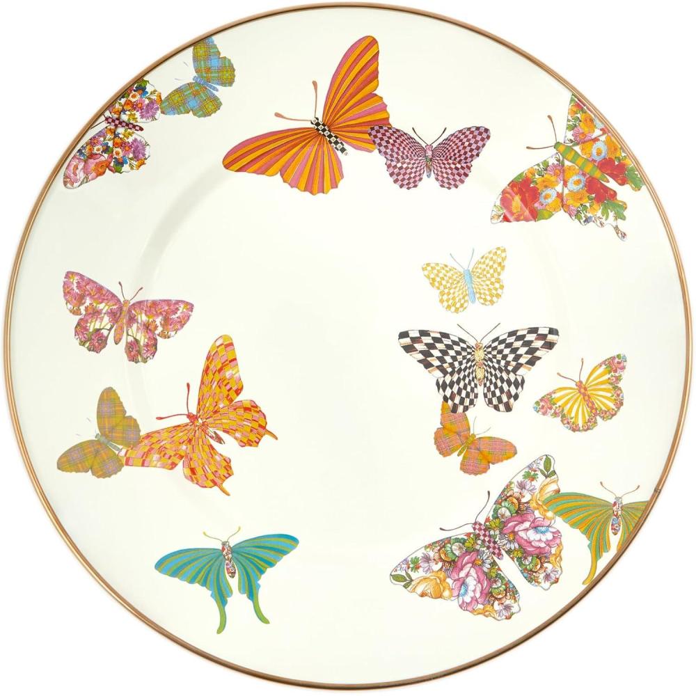 imageMACKENZIECHILDS Enamel Dinner Plate Decorative Dinnerware Plate 10 Inches Set of 1 Rosy English GardenButterfly Garden