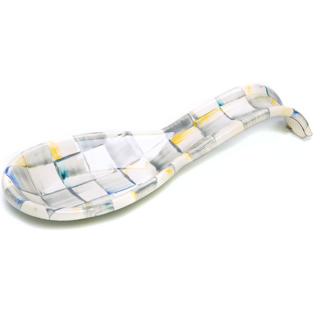 imageMACKENZIECHILDS Enamel Spoon Rest Kitchen Spoon Holder and Utensil Rest for Stovetop GreyandWhite Sterling CheckSterling Check