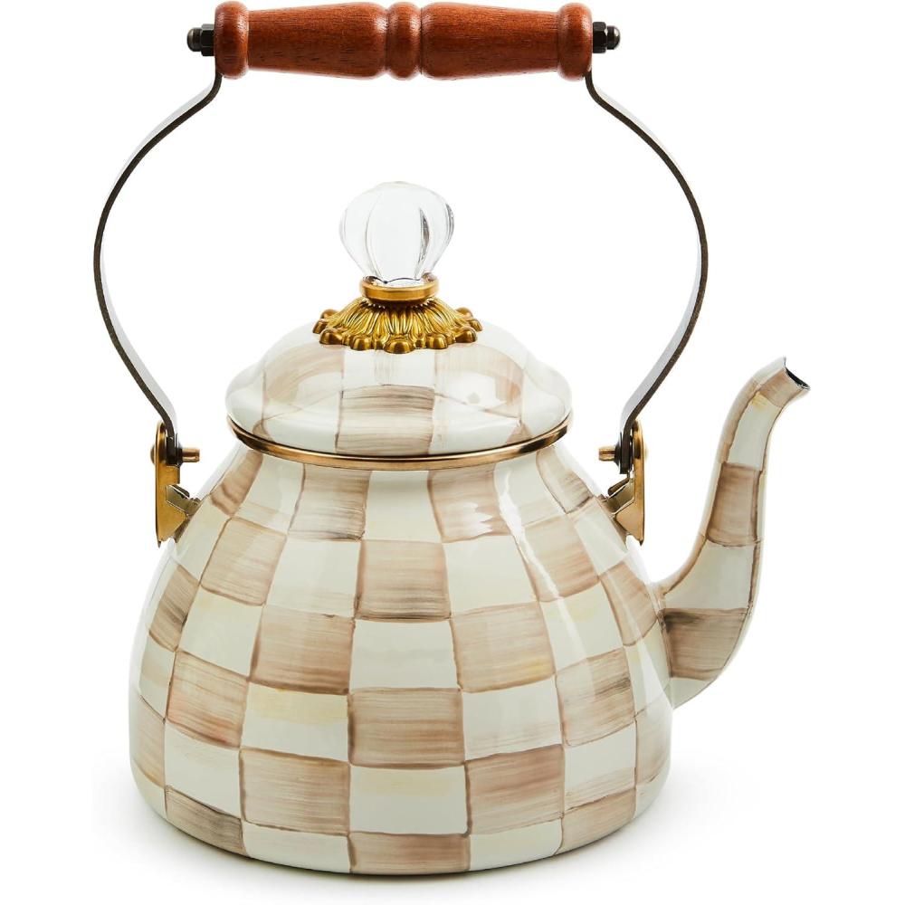 imageMACKENZIECHILDS Enamel Tea Kettle Stylish Tea Kettle for Stovetop BrownandWhite Mocha Check 3 QuartsMocha Check