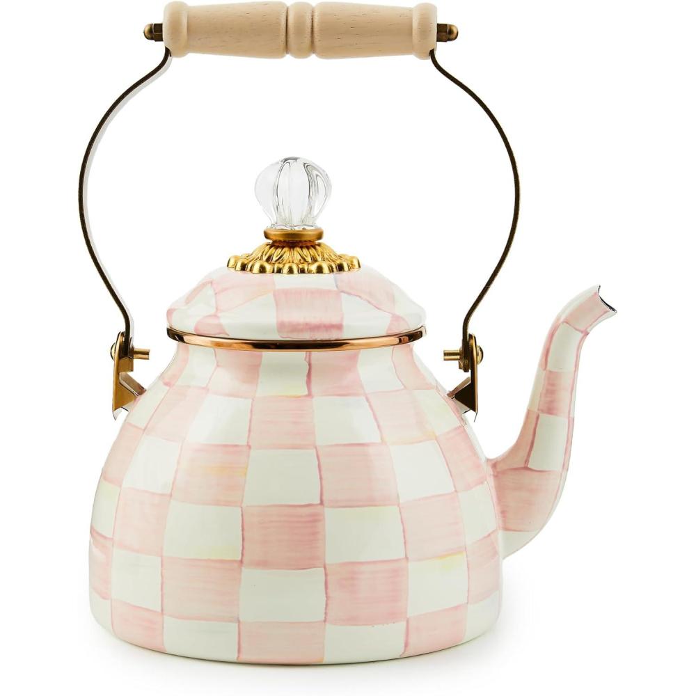 imageMACKENZIECHILDS Enamel Tea Kettle Stylish Tea Kettle for Stovetop BrownandWhite Mocha Check 3 QuartsRosy Check