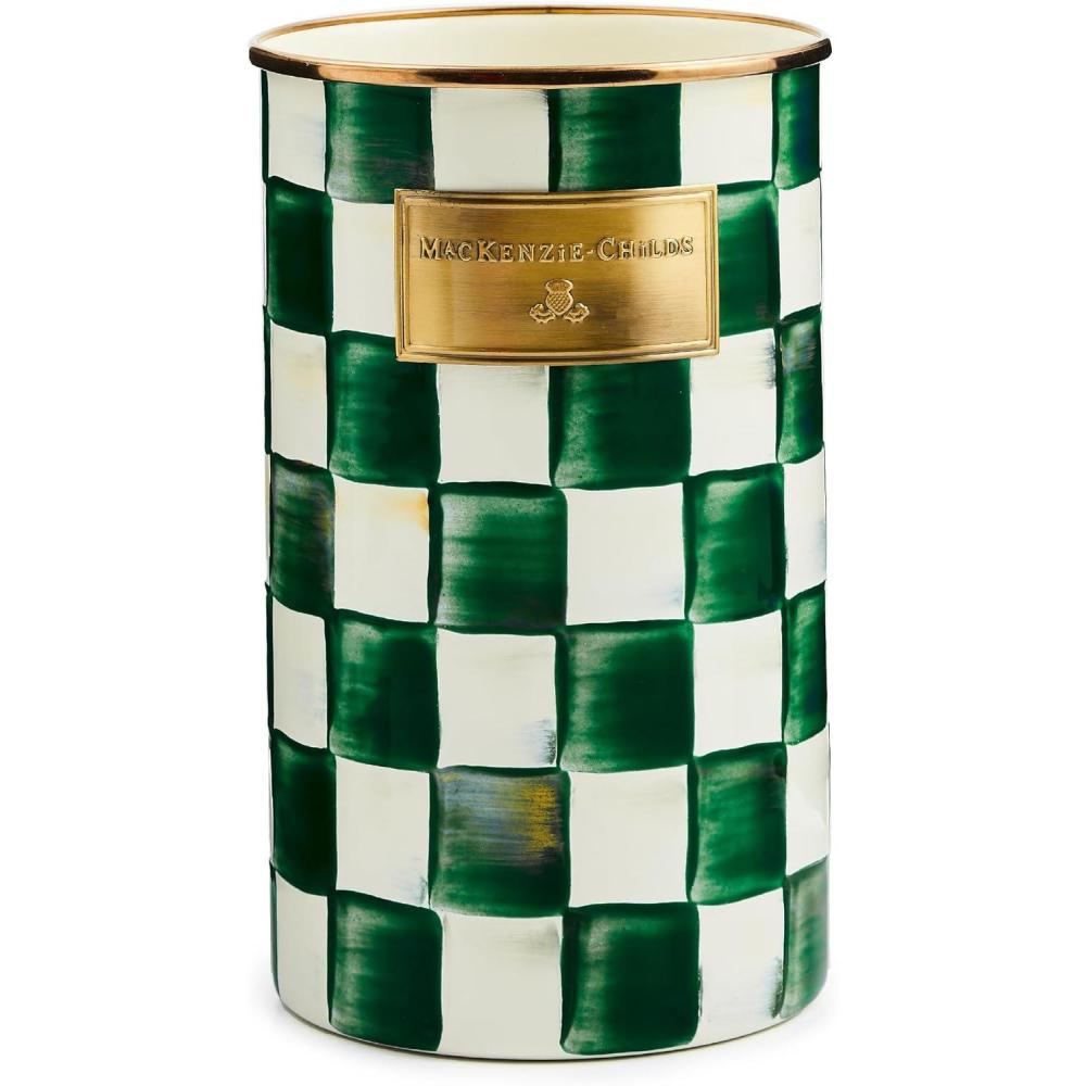 imageMACKENZIECHILDS Enamel Utensil Holder Kitchen Utensil Holder for Countertop Storage Caddy GrayandWhite Sterling CheckEmerald Check