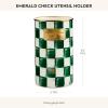 MACKENZIE-CHILDS Enamel Utensil Holder, Kitchen Utensil Holder for Countertop, Storage Caddy, Gray-and-White Sterling Check(Emerald Check)
