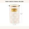 MACKENZIE-CHILDS Enamel Utensil Holder, Kitchen Utensil Holder for Countertop, Storage Caddy, Gray-and-White Sterling Check(Rosy Check)
