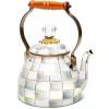 MACKENZIE-CHILDS Enamel Tea Kettle, Stylish Tea Kettle for Stovetop, Brown-and-White Mocha Check, 3 Quarts(Sterling Check)
