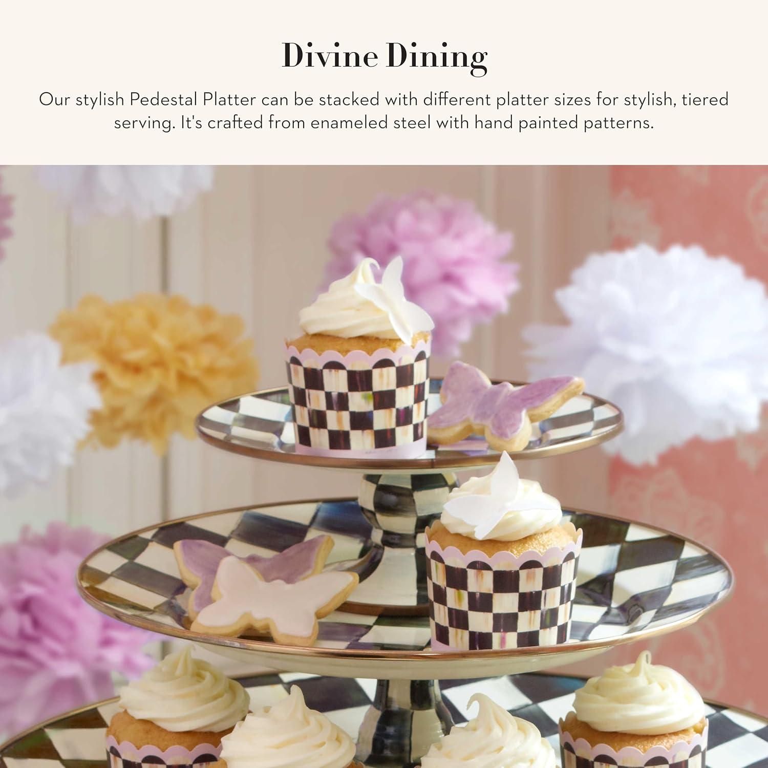 imageMACKENZIECHILDS Enamel Pedestal Platter Round Cake Stand Large BlueandWhite Royal CheckCourtly Check