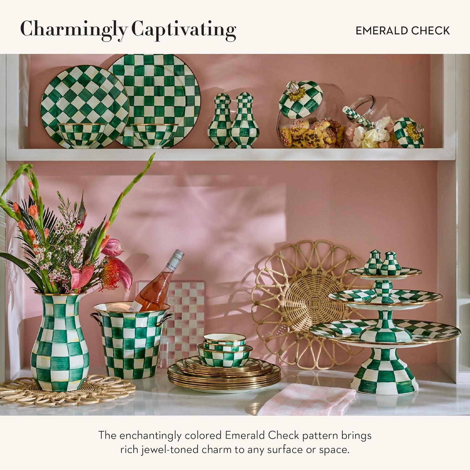 imageMACKENZIECHILDS Enamel Pedestal Platter Round Cake Stand Large BlueandWhite Royal CheckEmerald Check