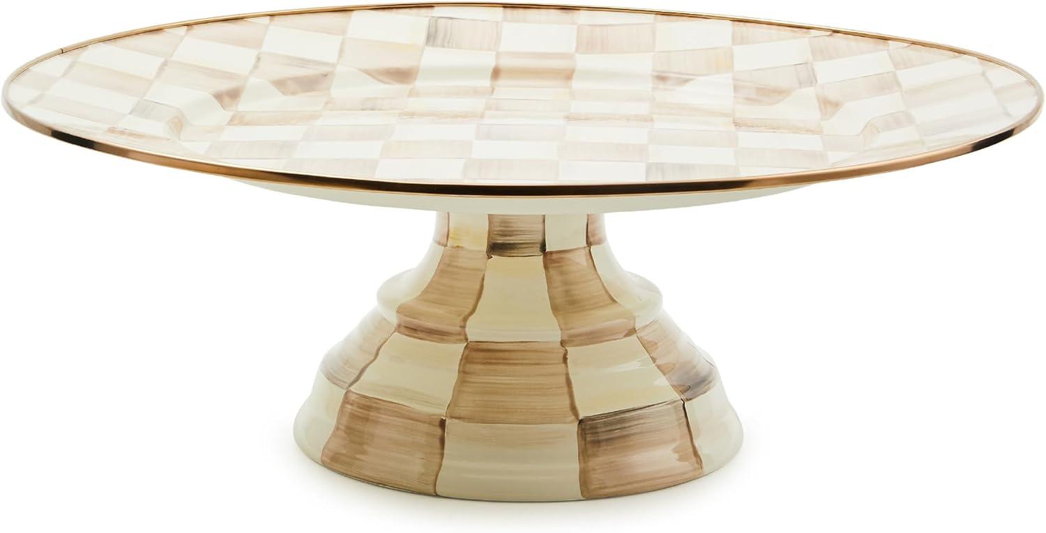 imageMACKENZIECHILDS Enamel Pedestal Platter Round Cake Stand Large BlueandWhite Royal CheckMocha Check