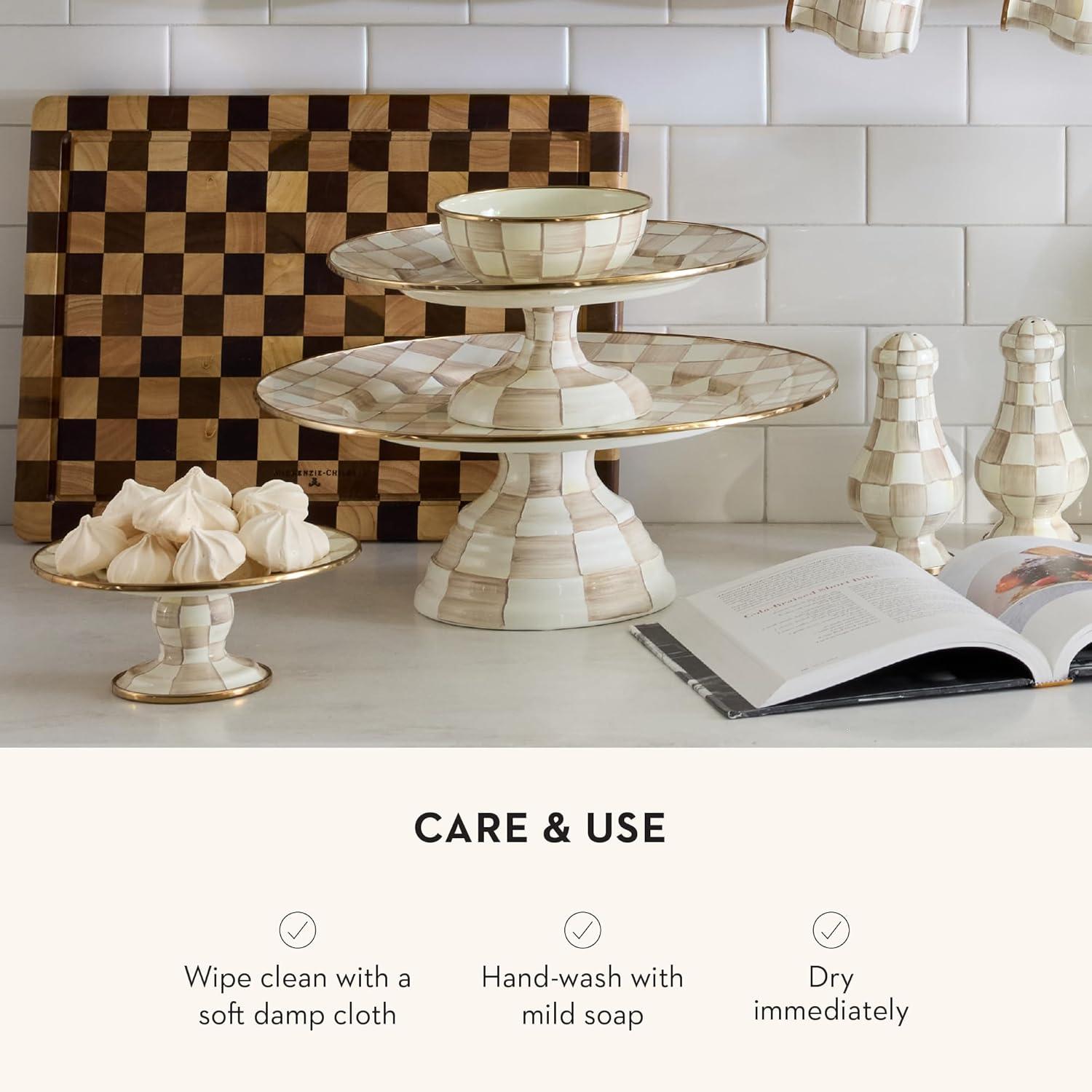 imageMACKENZIECHILDS Enamel Pedestal Platter Round Cake Stand Large BlueandWhite Royal CheckMocha Check