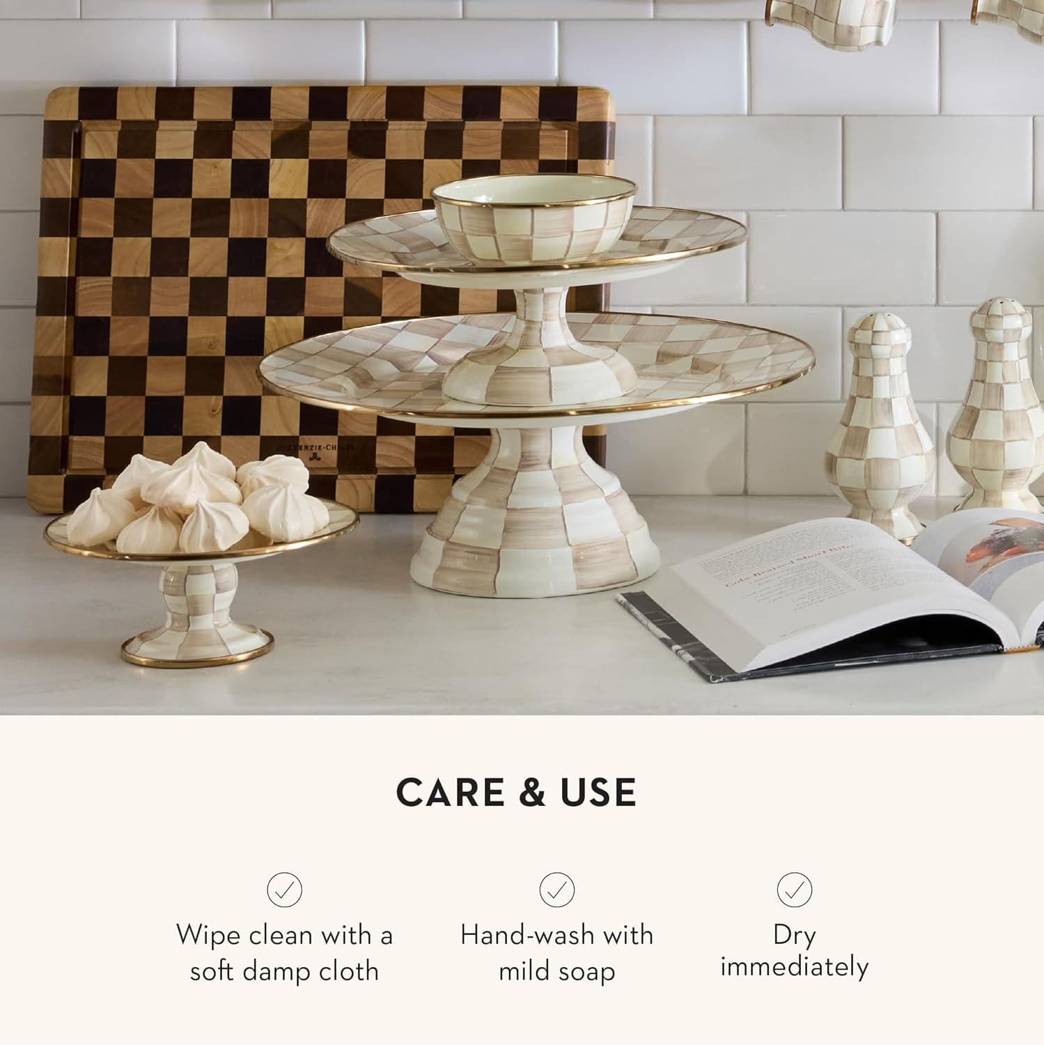 imageMACKENZIECHILDS Enamel Pedestal Platter Round Cake Stand Large BlueandWhite Royal CheckMocha Check