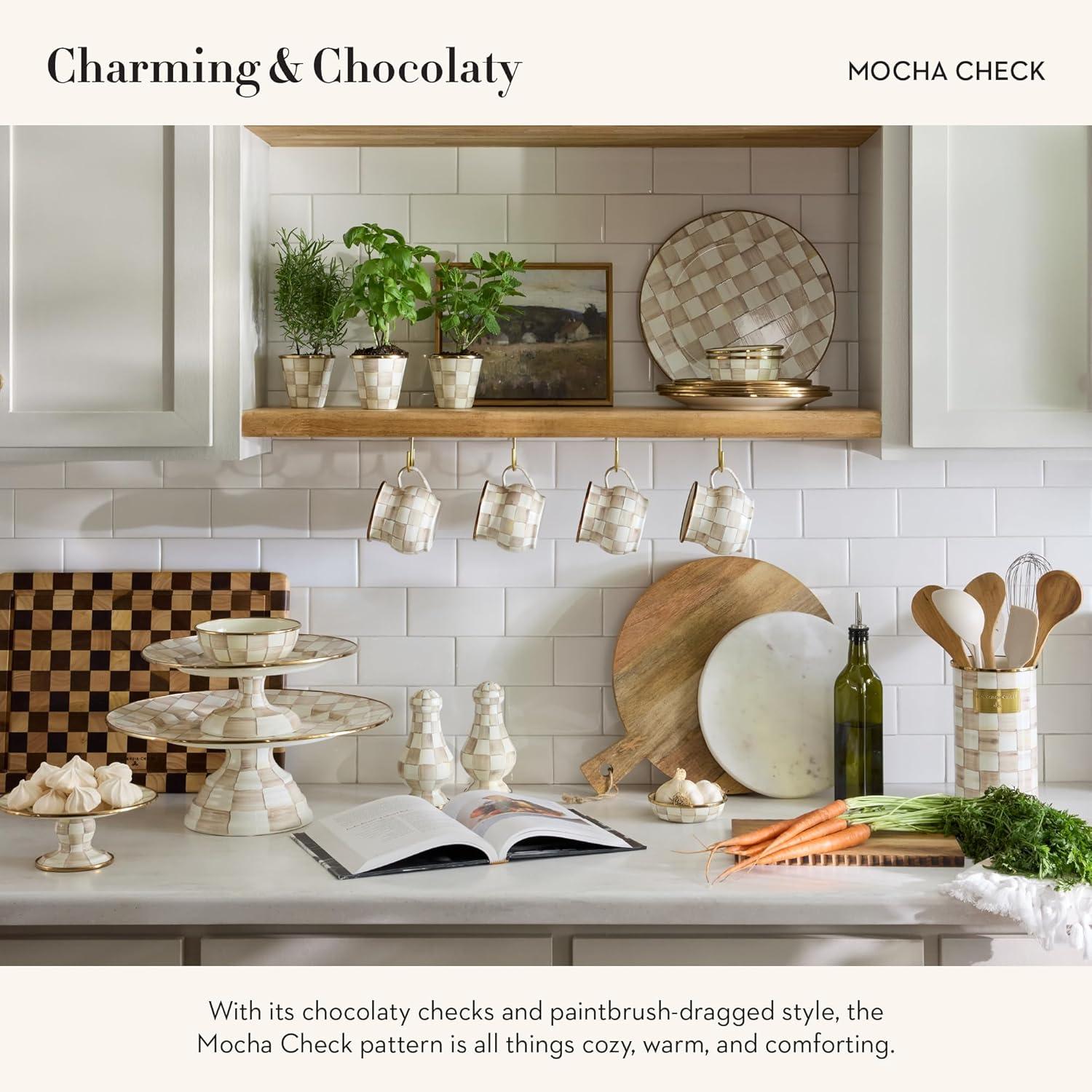 imageMACKENZIECHILDS Enamel Pedestal Platter Round Cake Stand Large BlueandWhite Royal CheckMocha Check