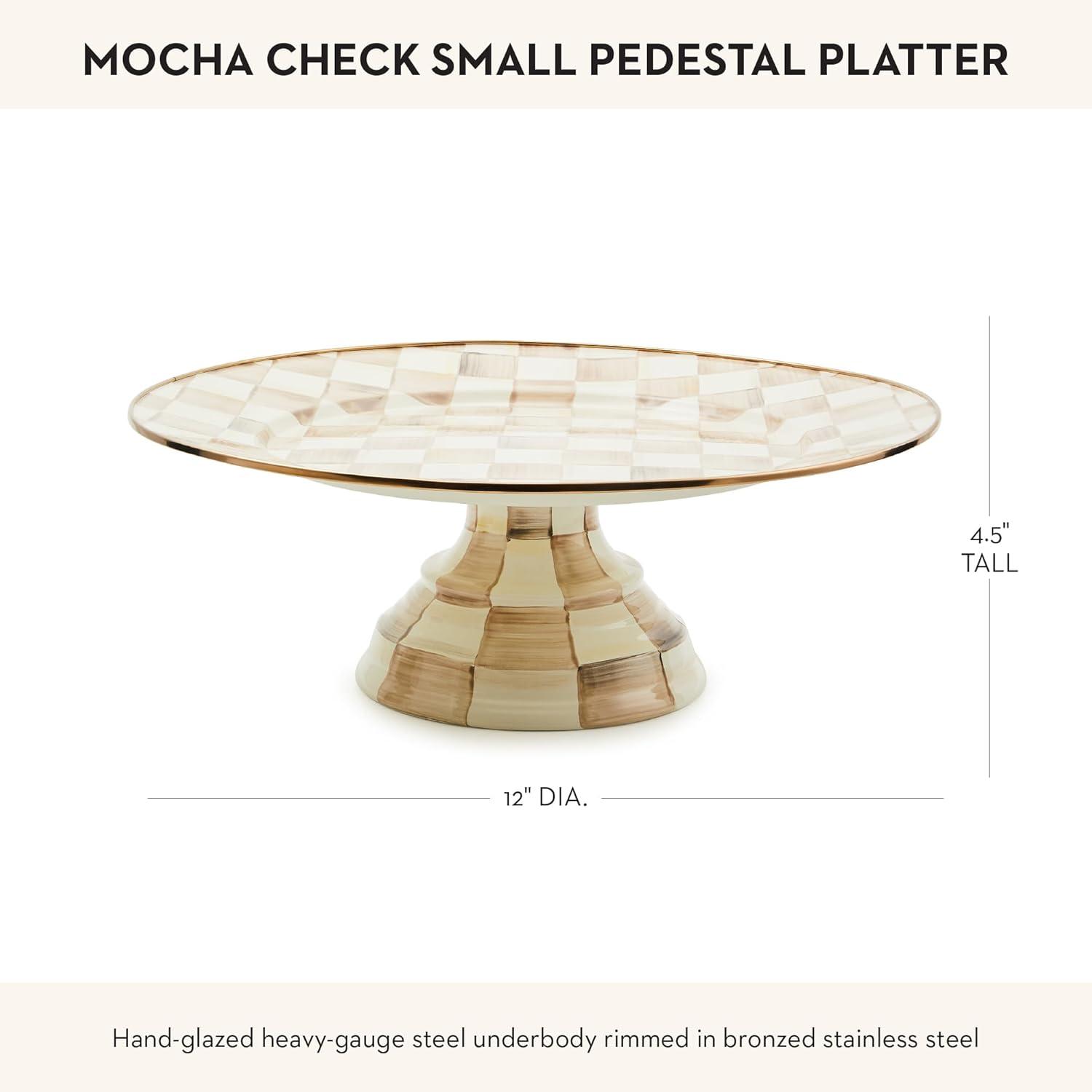 imageMACKENZIECHILDS Enamel Pedestal Platter Round Cake Stand Large BlueandWhite Royal CheckMocha Check
