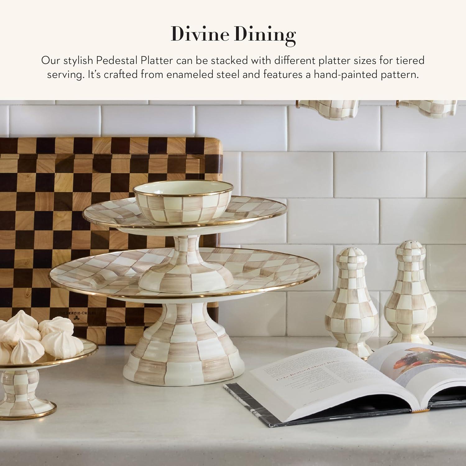 imageMACKENZIECHILDS Enamel Pedestal Platter Round Cake Stand Large BlueandWhite Royal CheckMocha Check