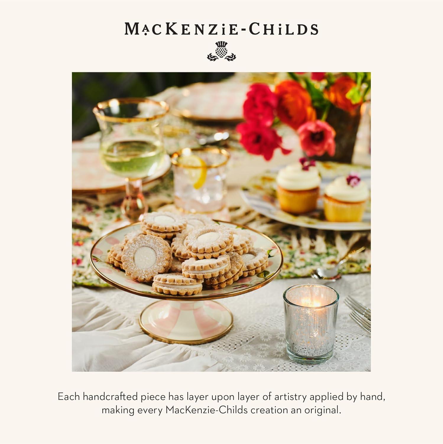 imageMACKENZIECHILDS Enamel Pedestal Platter Round Cake Stand Large BlueandWhite Royal CheckRosy Check