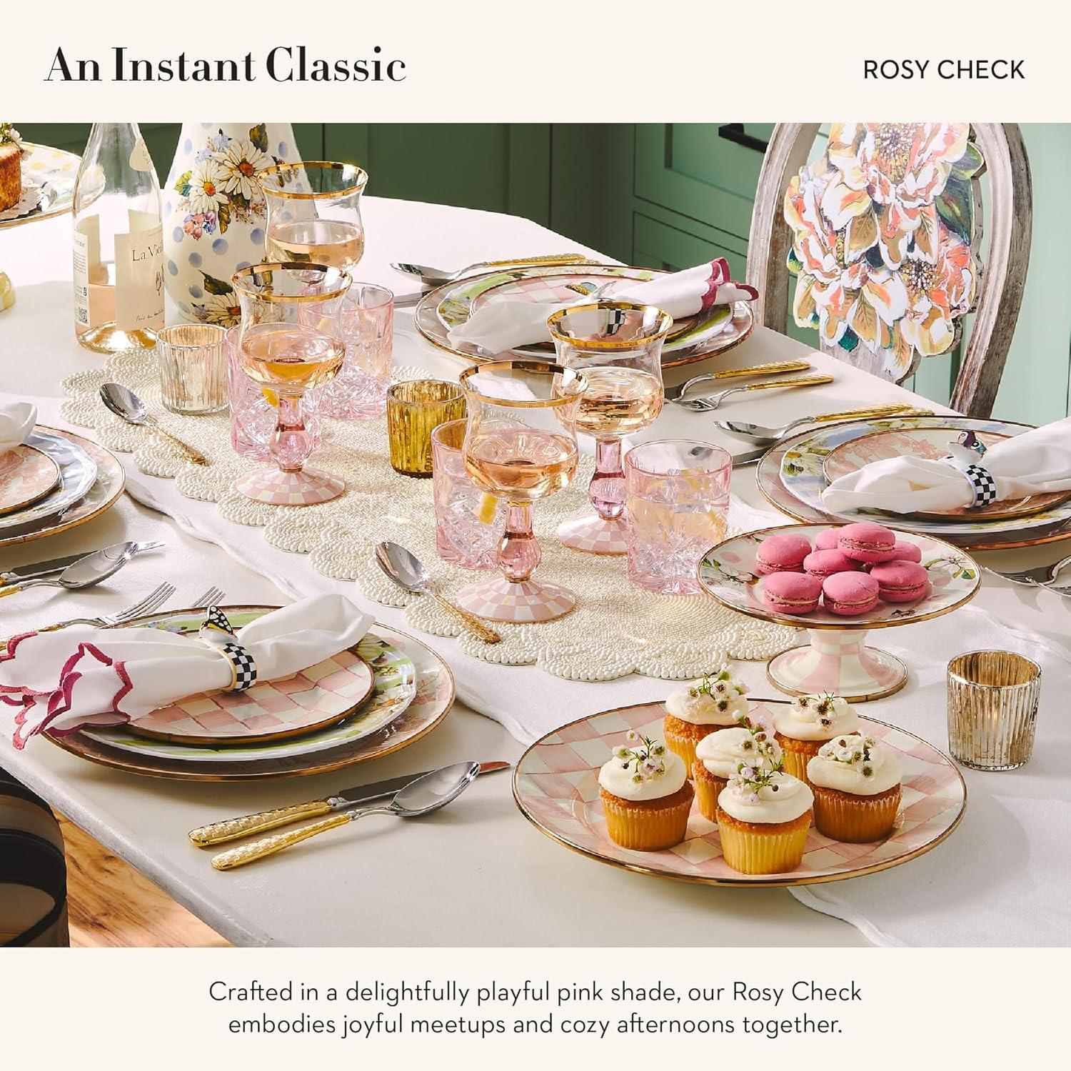 imageMACKENZIECHILDS Enamel Pedestal Platter Round Cake Stand Large BlueandWhite Royal CheckRosy Check