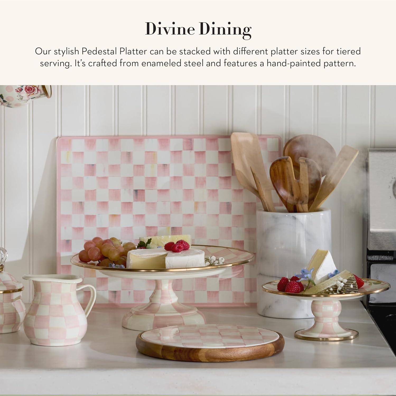 imageMACKENZIECHILDS Enamel Pedestal Platter Round Cake Stand Large BlueandWhite Royal CheckRosy Check