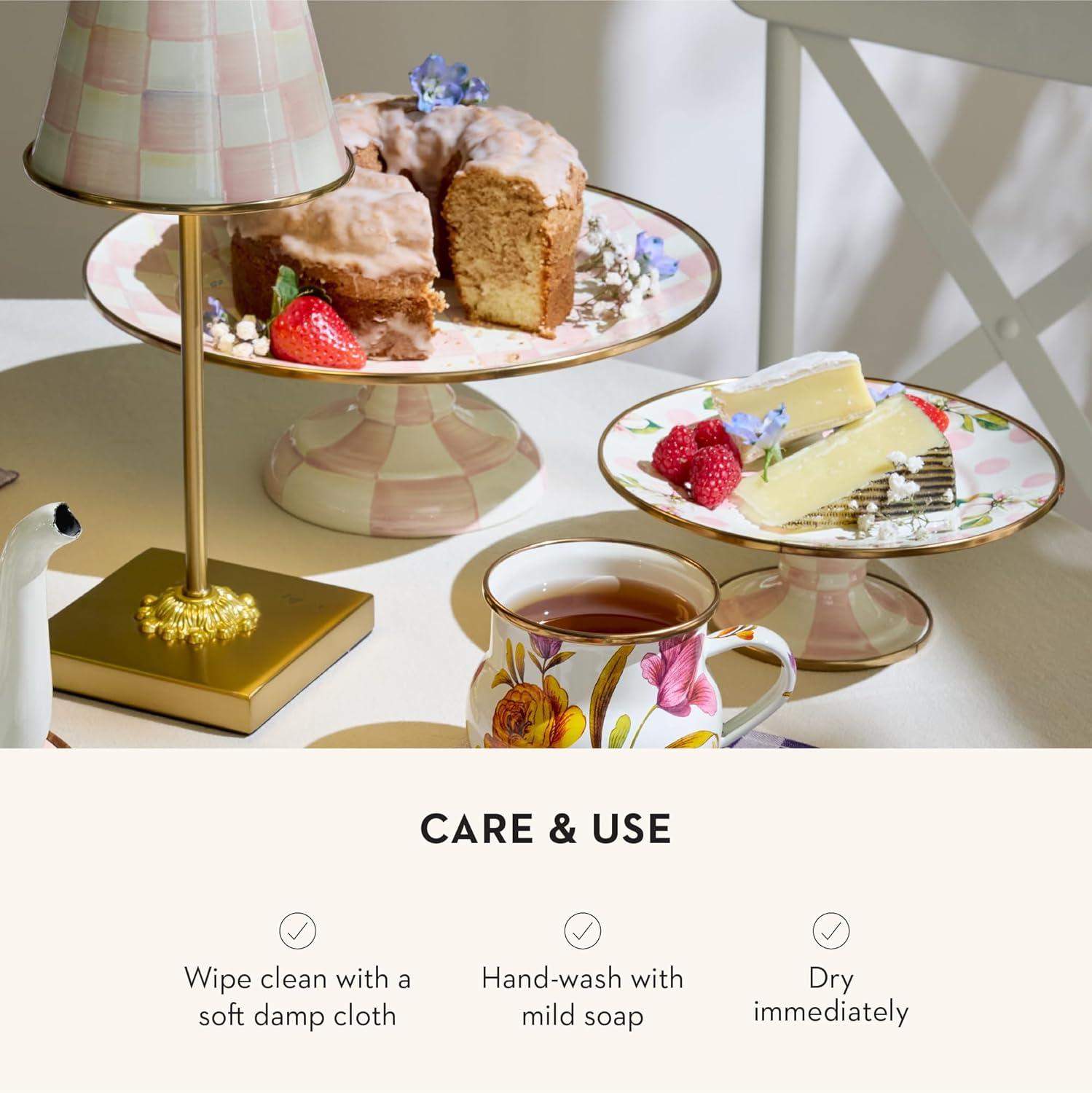 imageMACKENZIECHILDS Enamel Pedestal Platter Round Cake Stand Large BlueandWhite Royal CheckRosy Check