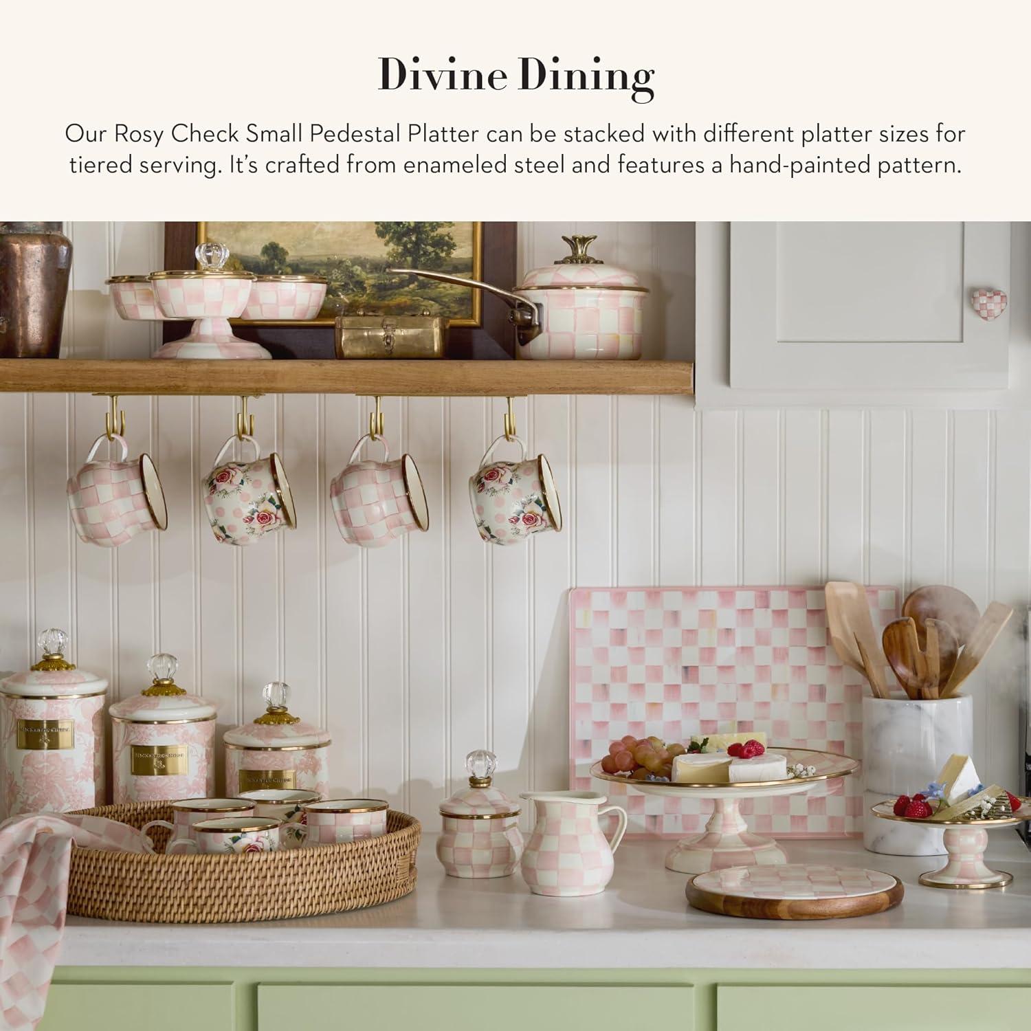 imageMACKENZIECHILDS Enamel Pedestal Platter Round Cake Stand Large BlueandWhite Royal CheckRosy Check