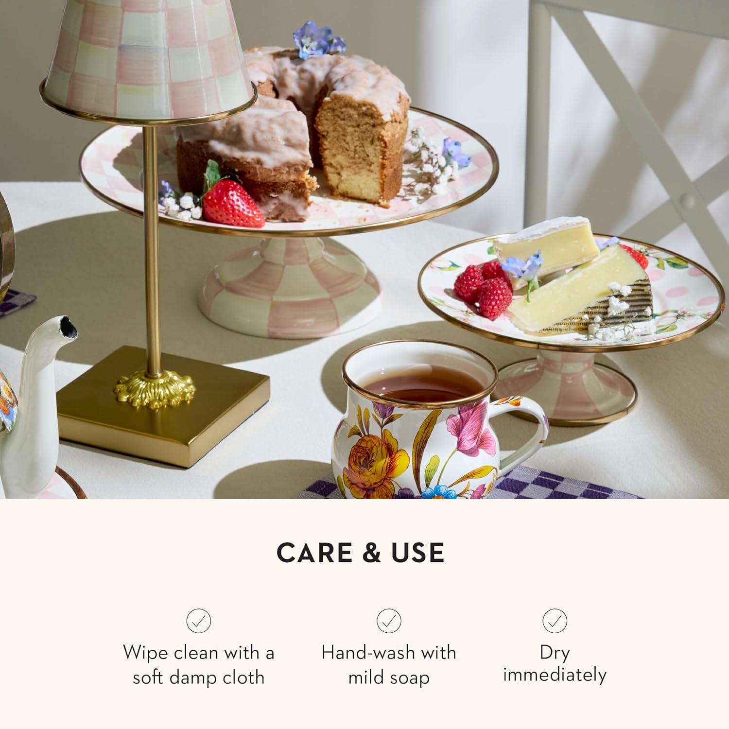 imageMACKENZIECHILDS Enamel Pedestal Platter Round Cake Stand Large BlueandWhite Royal CheckRosy Check