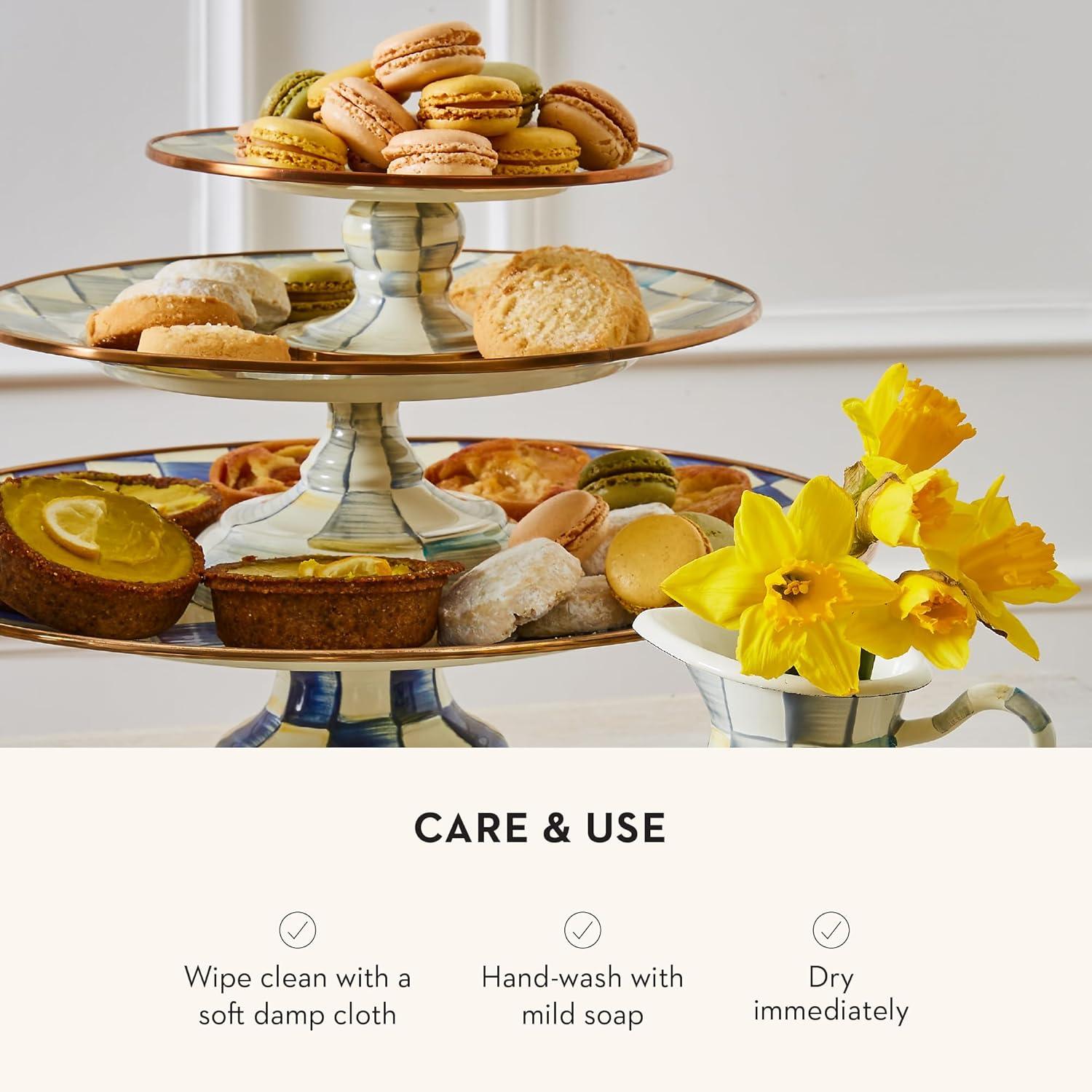 imageMACKENZIECHILDS Enamel Pedestal Platter Round Cake Stand Large BlueandWhite Royal CheckSterling Check