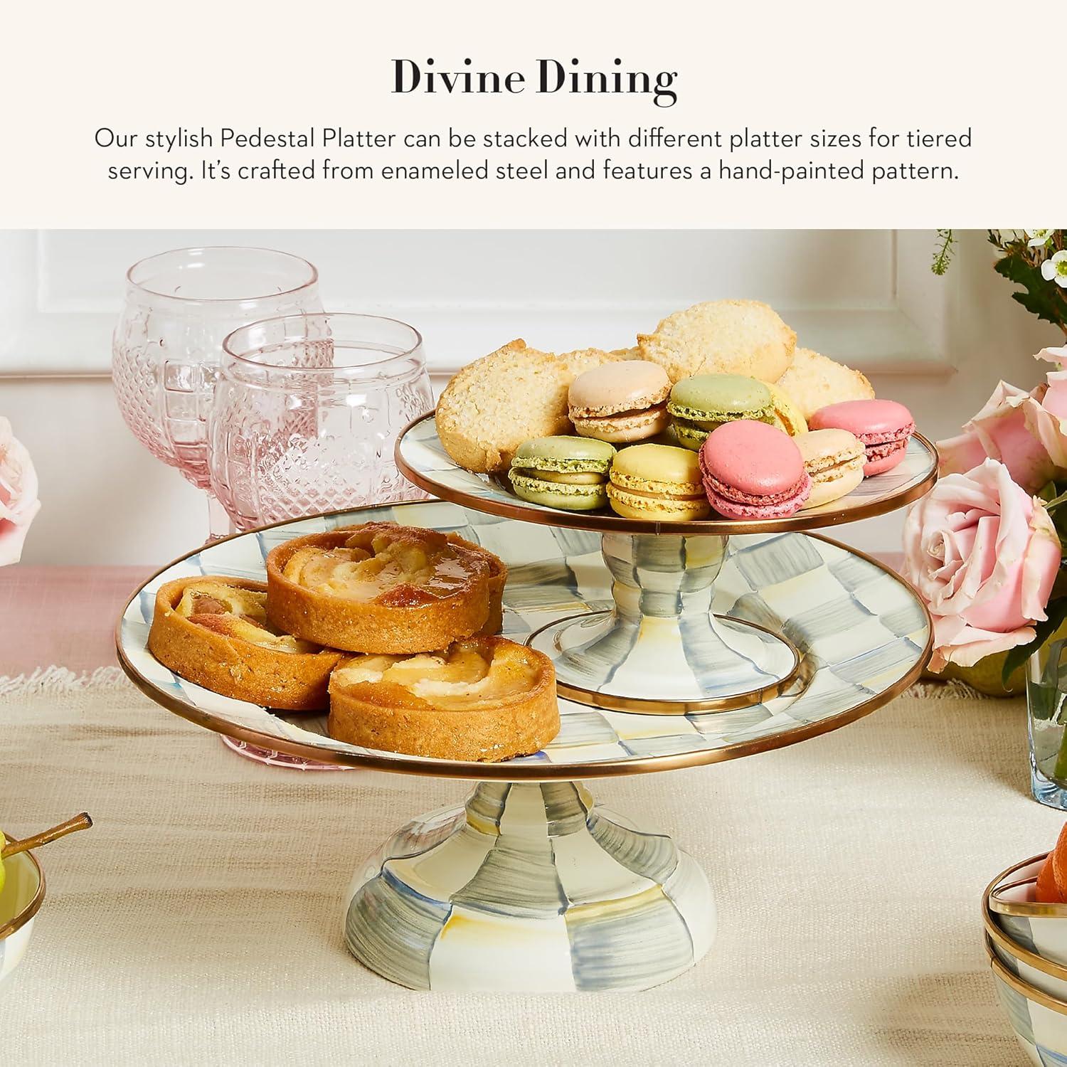 imageMACKENZIECHILDS Enamel Pedestal Platter Round Cake Stand Large BlueandWhite Royal CheckSterling Check