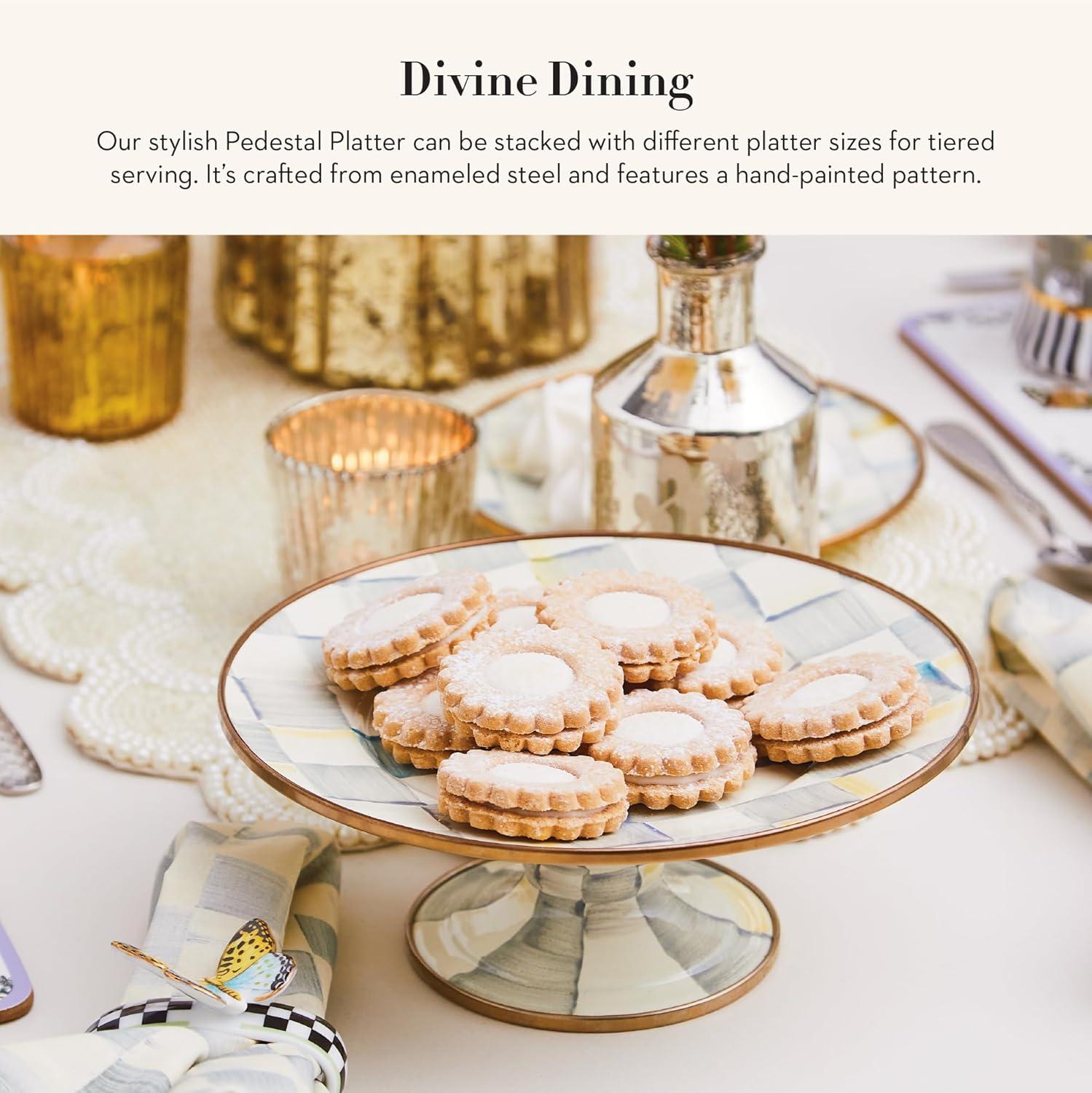 imageMACKENZIECHILDS Enamel Pedestal Platter Round Cake Stand Large BlueandWhite Royal CheckSterling Check