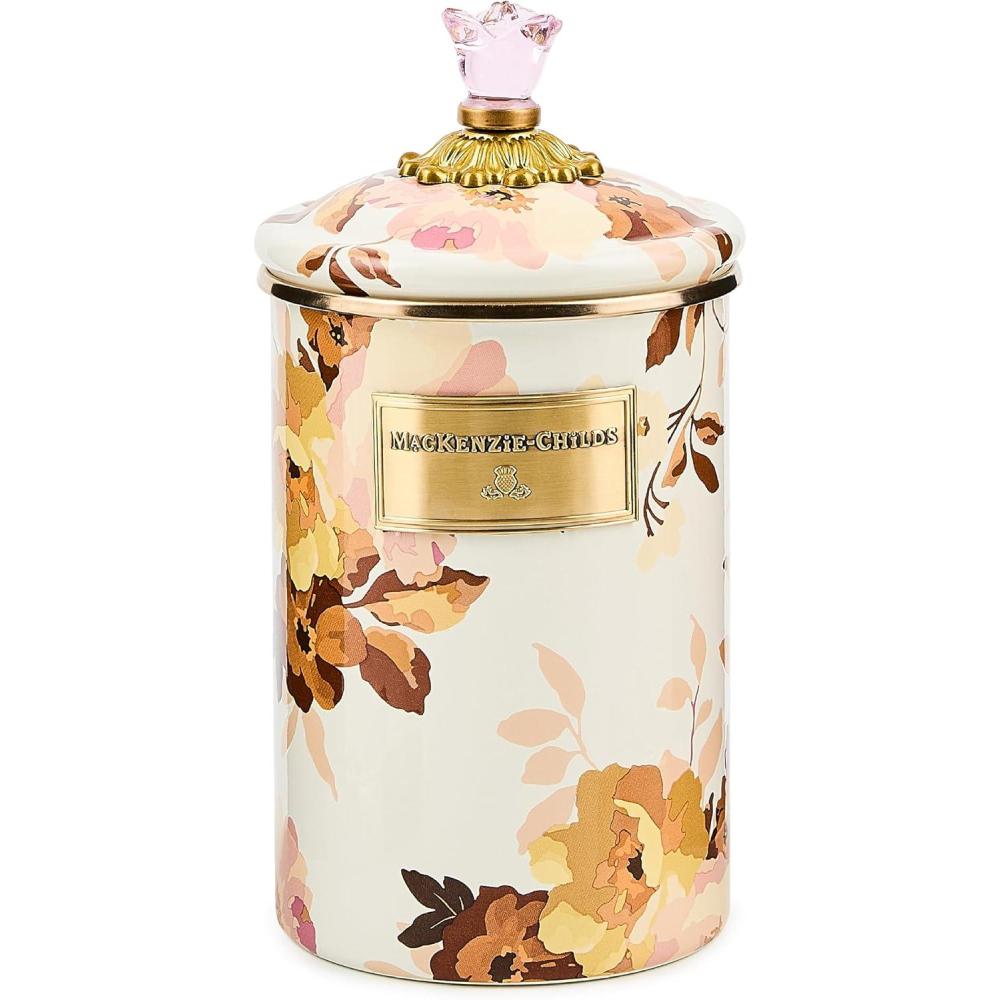 imageMACKENZIECHILDS Enamel Canister Kitchen Storage Container with Lid Large Wild Rose WhiteWhite Wild Rose