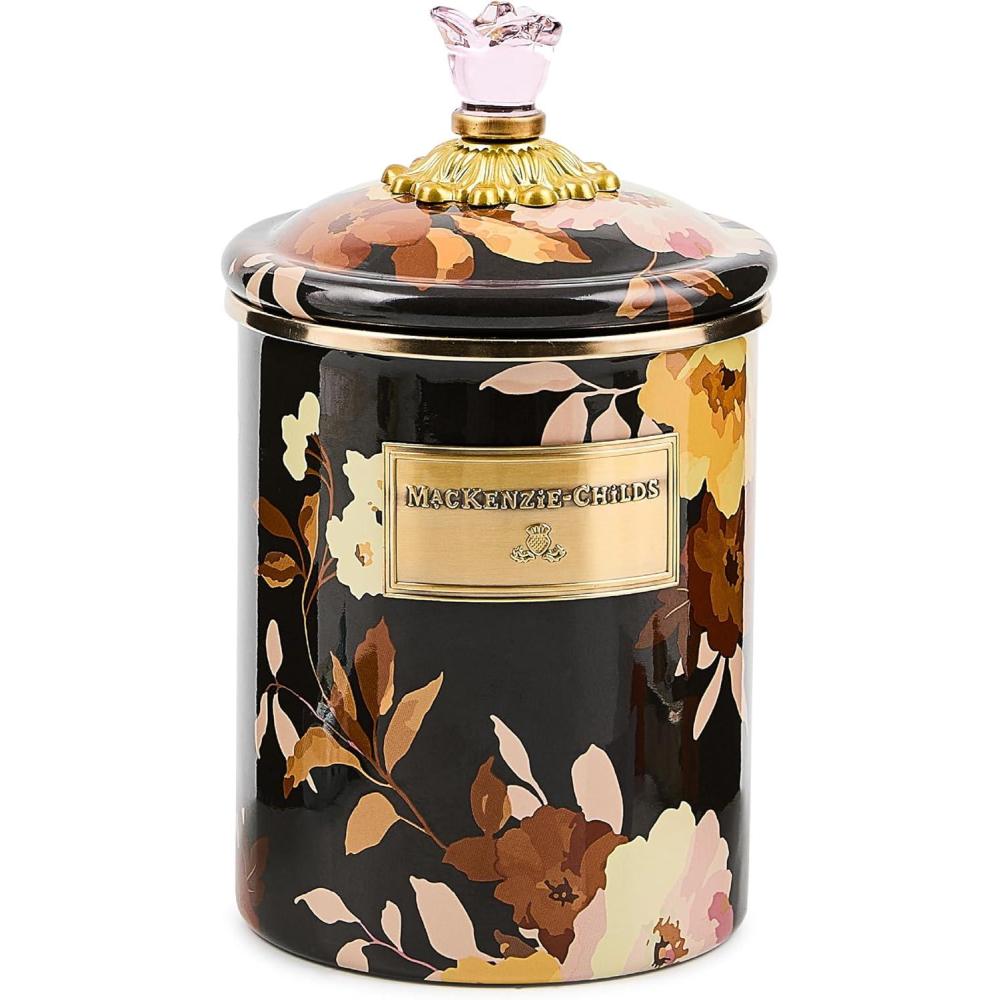 imageMACKENZIECHILDS Enamel Canister Kitchen Storage Container with Lid Medium Wild Rose WhiteBrown Wild Rose