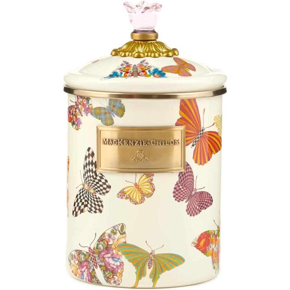 imageMACKENZIECHILDS Enamel Canister Kitchen Storage Container with Lid Medium Wild Rose WhiteButterfly Garden