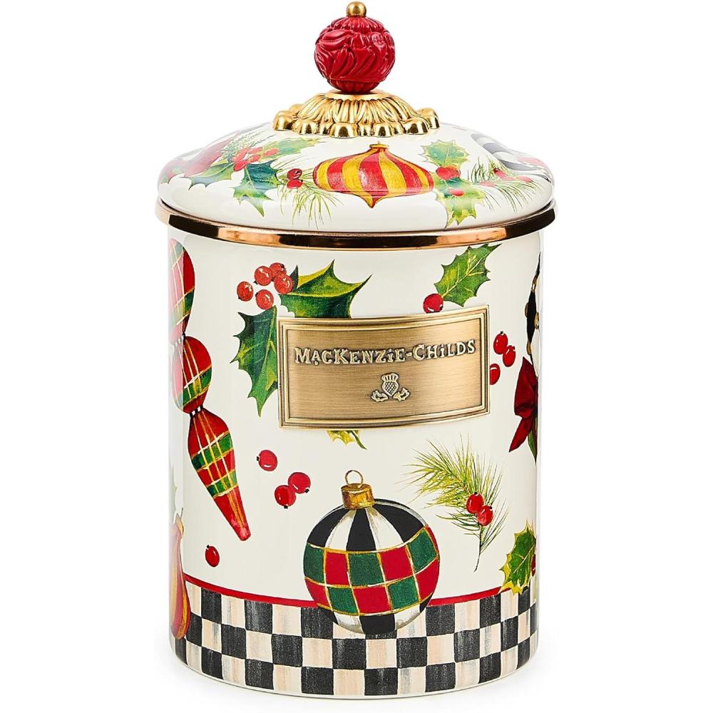 imageMACKENZIECHILDS Enamel Canister Kitchen Storage Container with Lid Medium Wild Rose WhiteDeck the Halls