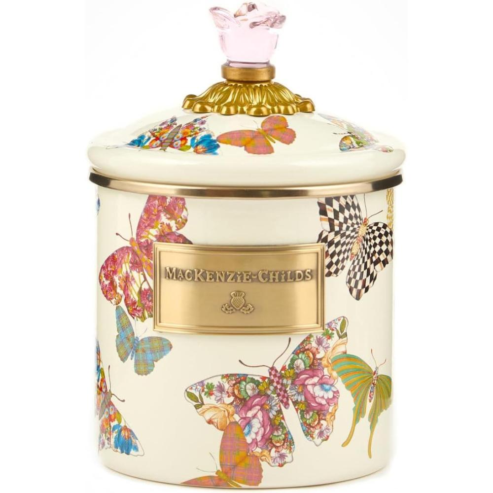 imageMACKENZIECHILDS Enamel Canister Kitchen Storage Container with Lid Small Wild Rose WhiteButterfly Garden