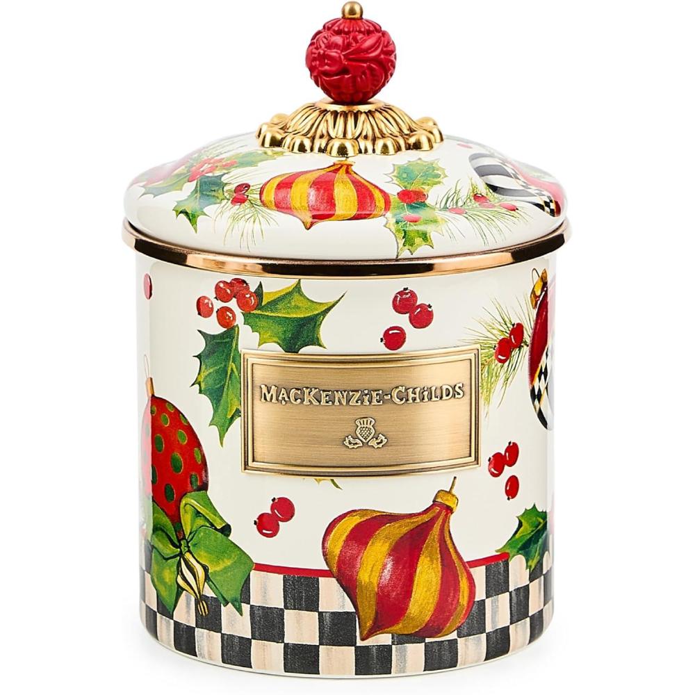 imageMACKENZIECHILDS Enamel Canister Kitchen Storage Container with Lid Small Wild Rose WhiteDeck the Halls