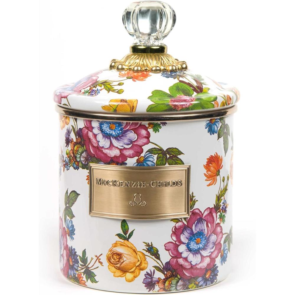 imageMACKENZIECHILDS Enamel Canister Kitchen Storage Container with Lid Small Wild Rose WhiteWhite Flower Market